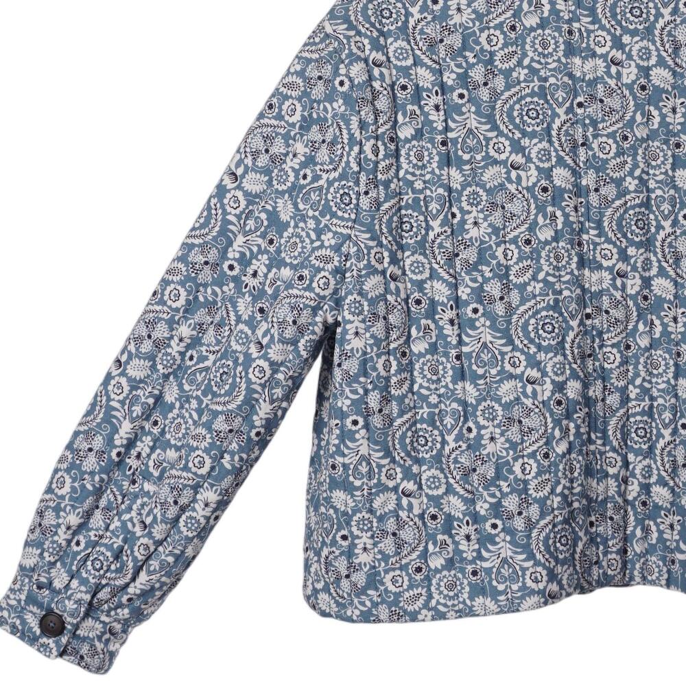 Boden Quilted Jacket Women 12 Blue Floral Cotton Linen Button Up Pockets Casual - Picture 6 of 9